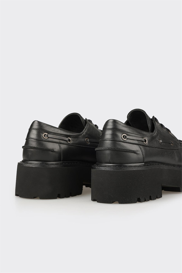 Siyah deri simli platform tabanlı kadın günlük ayakkabı, ofis stili için - Elle Shoes