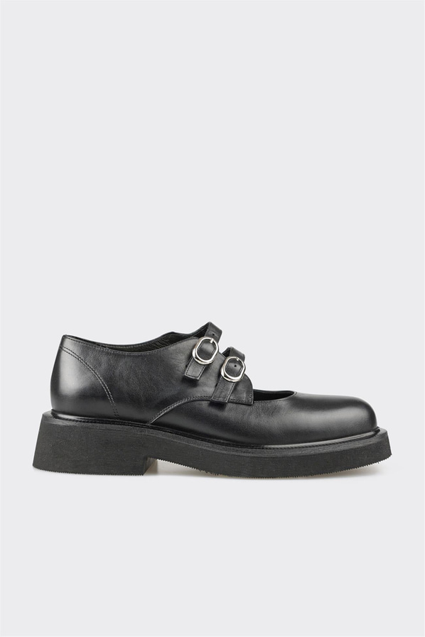 Siyah deri kadın düz ayakkabı, ofis stili için - Elle Shoes
