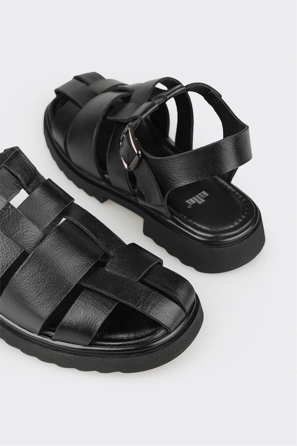 Siyah kot mavisi deri düz yumuşak dokulu kadın sandalet, ofis stili için - Elle Shoes