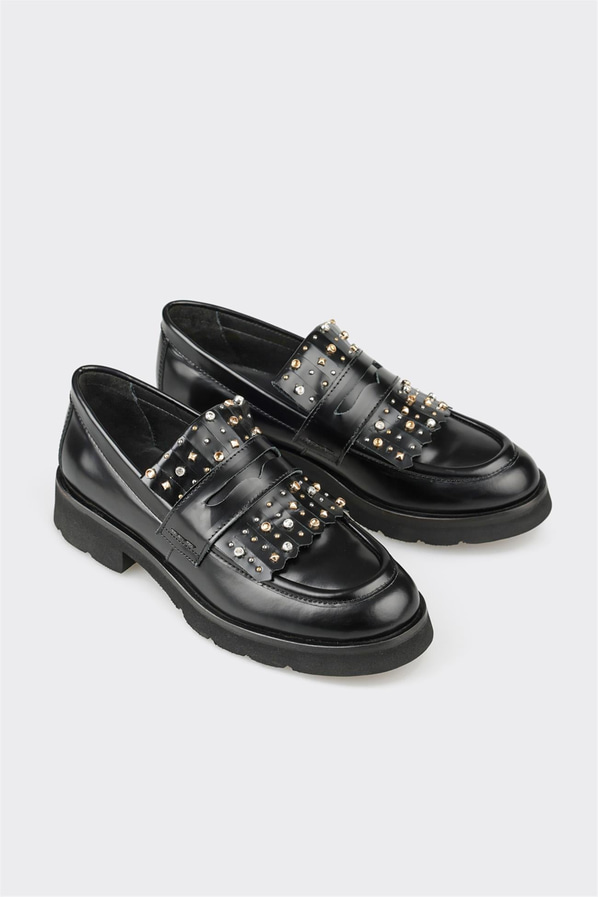 Siyah deri kadın loafer, günlük kullanım için - Elle Shoes