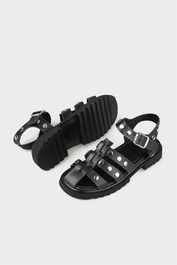Siyah deri düz örgü dokulu kadın sandalet, ofis stili için - Elle Shoes