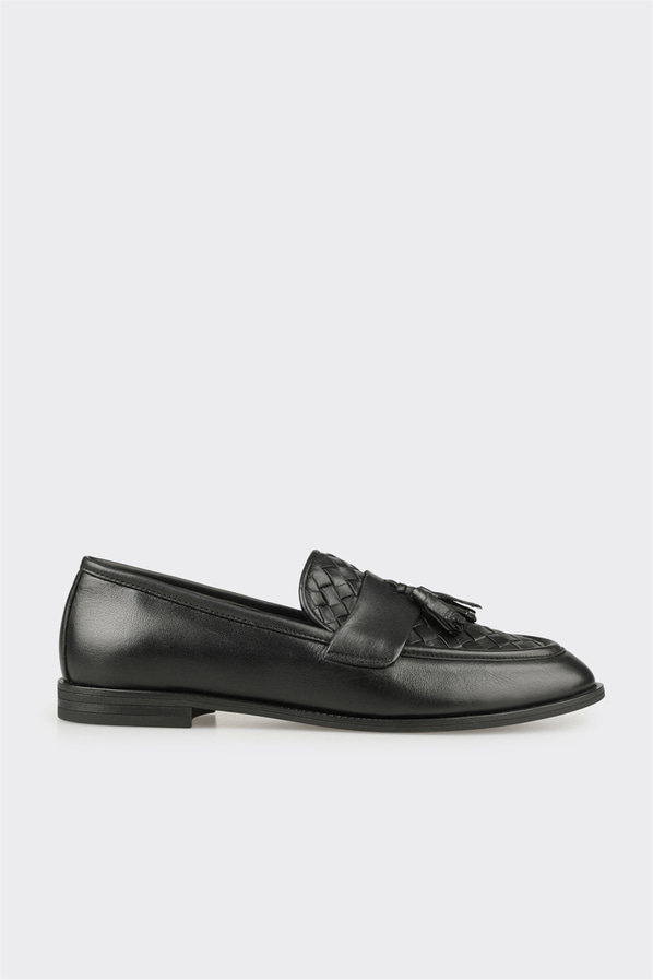 Siyah deri kadın loafer, günlük kullanım için - Elle Shoes
