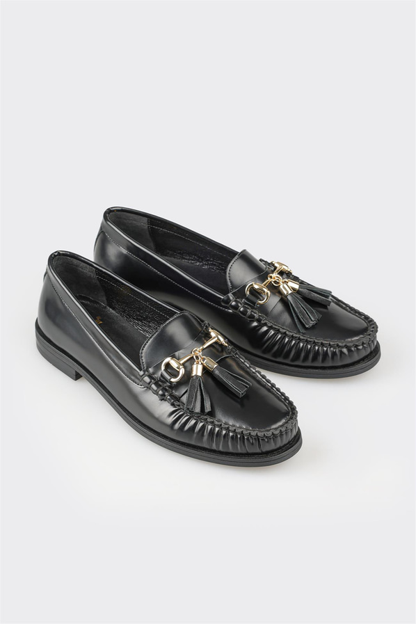 Siyah deri kadın loafer, ofis stili için - Elle Shoes