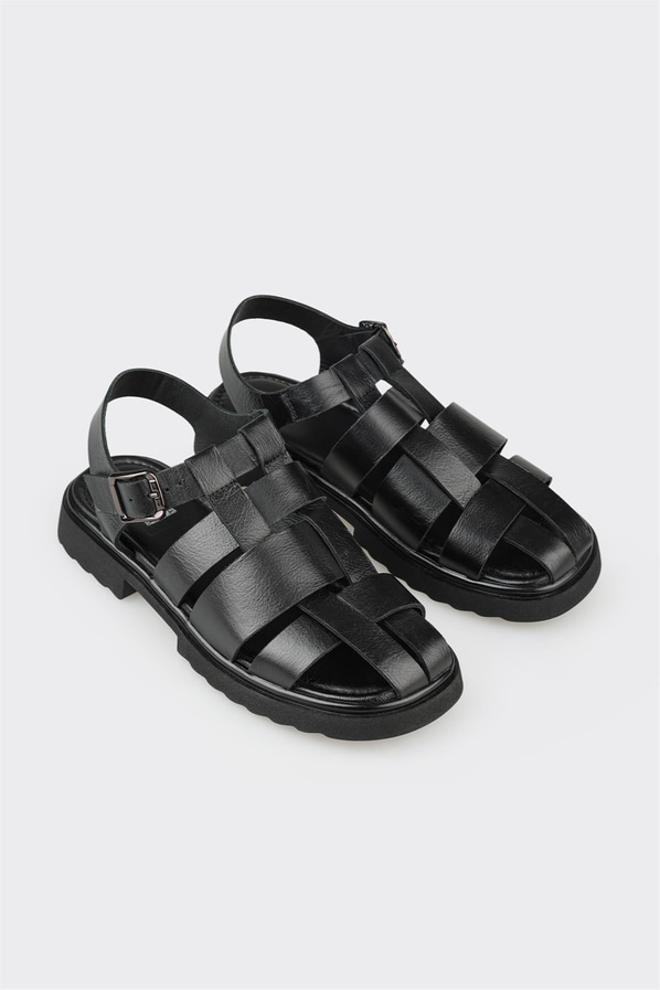 Siyah kot mavisi deri düz yumuşak dokulu kadın sandalet, ofis stili için - Elle Shoes