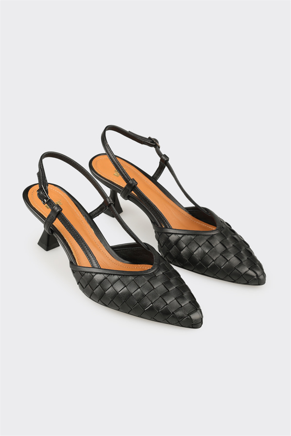 Siyah deri kadın topuklu ayakkabı, günlük kullanım için - Elle Shoes