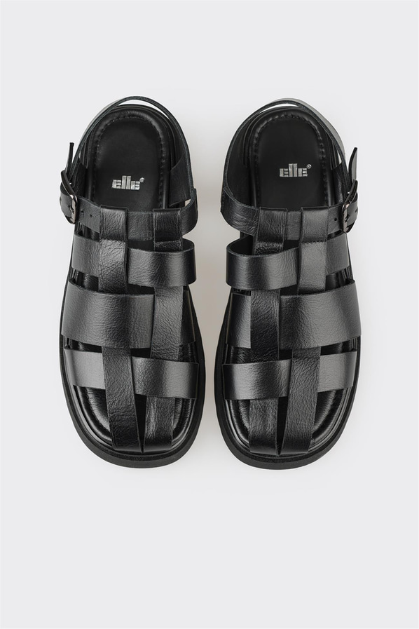 Siyah kot mavisi deri düz yumuşak dokulu kadın sandalet, ofis stili için - Elle Shoes