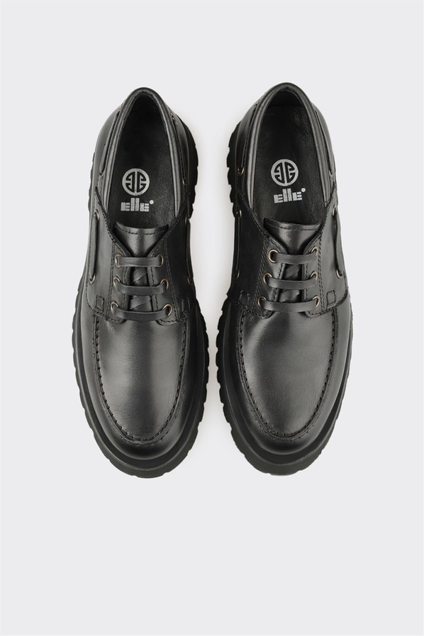 Siyah deri örgü dokulu kadın günlük ayakkabı, ofis stili için - Elle Shoes