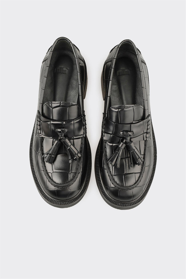 Siyah deri örgü dokulu kadın loafer, günlük kullanım için - Elle Shoes
