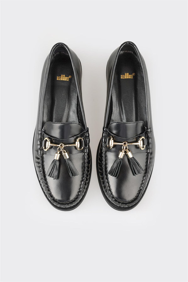Siyah deri kadın loafer, ofis stili için - Elle Shoes