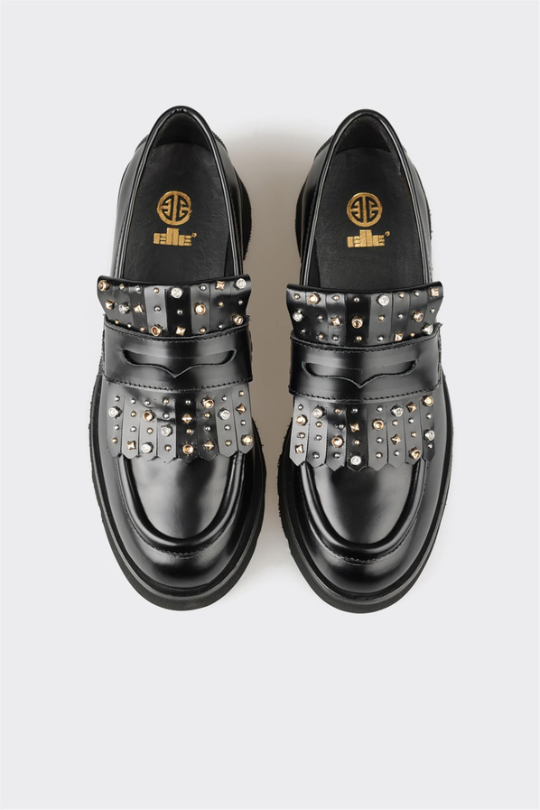 Siyah deri kadın loafer, günlük kullanım için - Elle Shoes