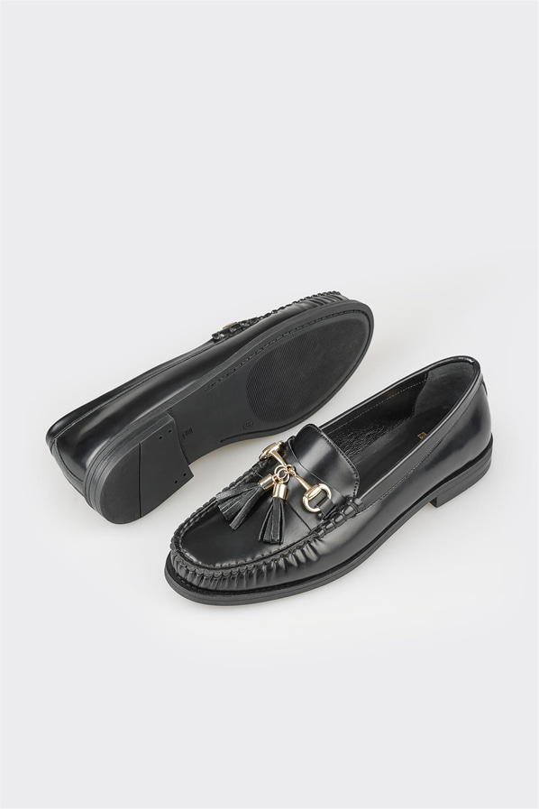 Siyah deri kadın loafer, ofis stili için - Elle Shoes