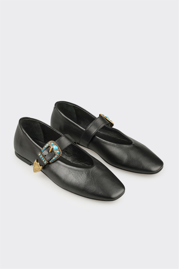 Siyah deri kadın babet, günlük kullanım için - Elle Shoes