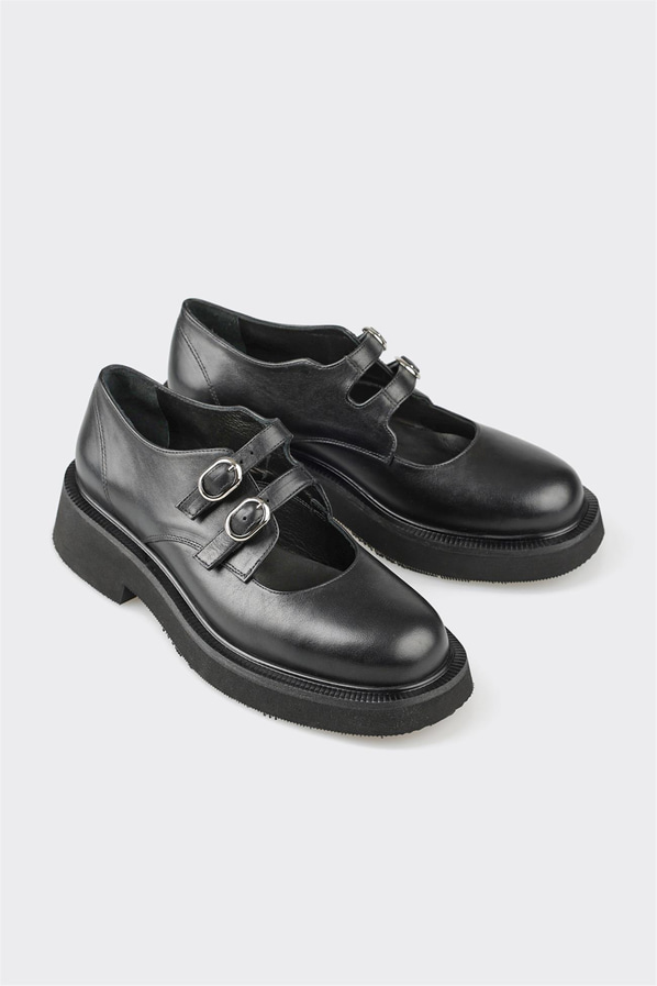 Siyah deri kadın düz ayakkabı, ofis stili için - Elle Shoes