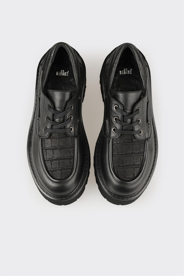 Siyah deri simli platform tabanlı kadın günlük ayakkabı, ofis stili için - Elle Shoes