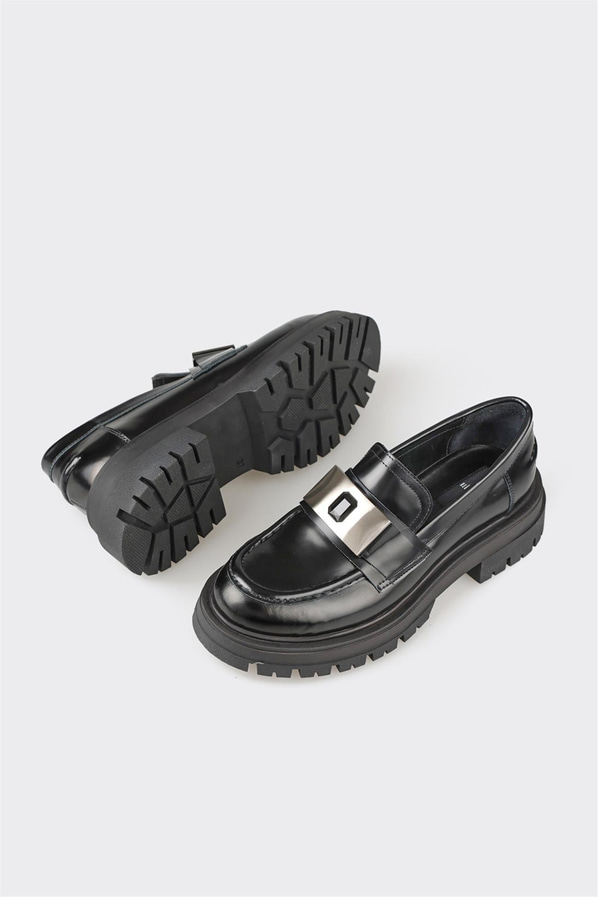 Siyah deri kadın loafer, ofis stili için - Elle Shoes