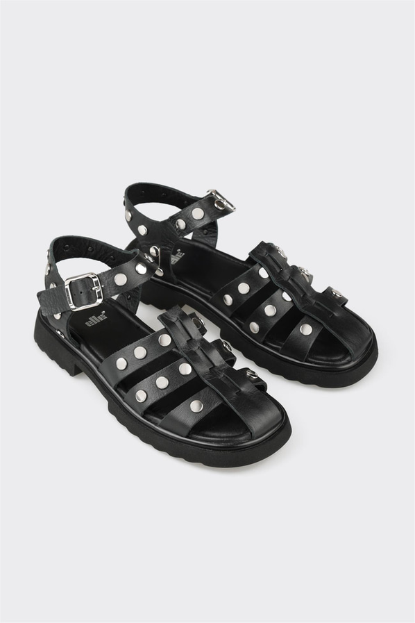 Siyah deri düz örgü dokulu kadın sandalet, ofis stili için - Elle Shoes