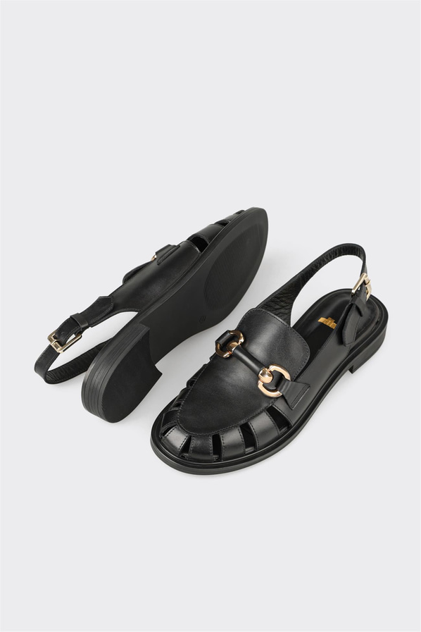 Siyah deri örgü dokulu kadın düz ayakkabı, ofis stili için - Elle Shoes