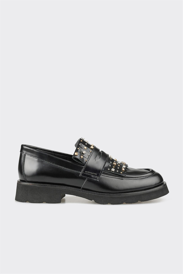 Siyah deri kadın loafer, günlük kullanım için - Elle Shoes