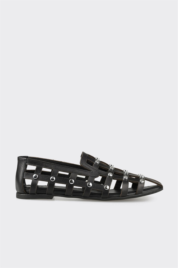 Siyah deri kadın düz ayakkabı, günlük kullanım için - Elle Shoes