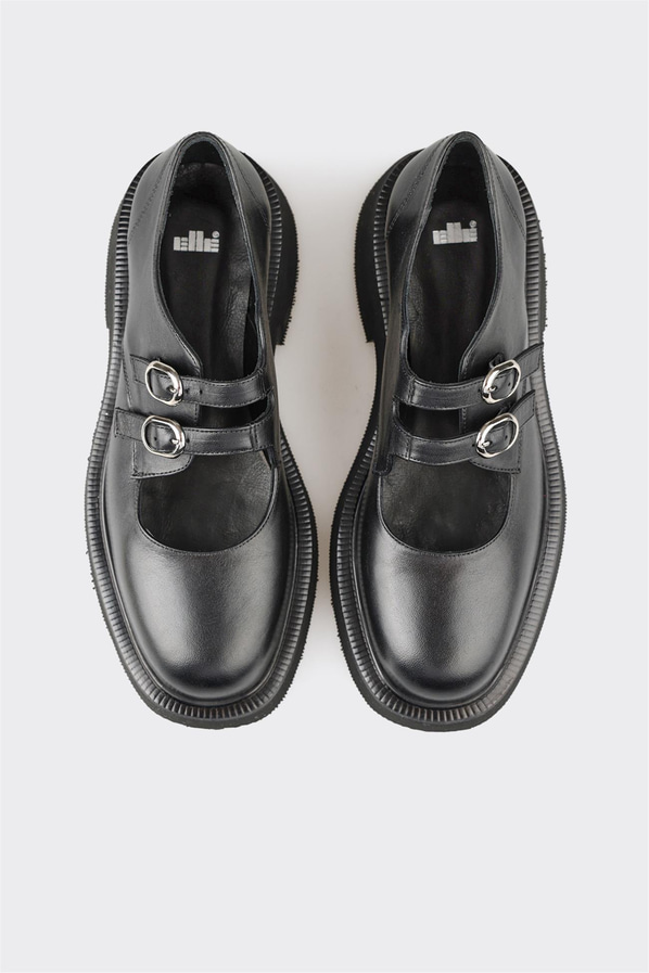 Siyah deri kadın düz ayakkabı, ofis stili için - Elle Shoes