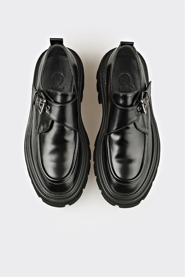 Siyah deri metal tokalı kadın günlük ayakkabı, ofis stili için - Elle Shoes