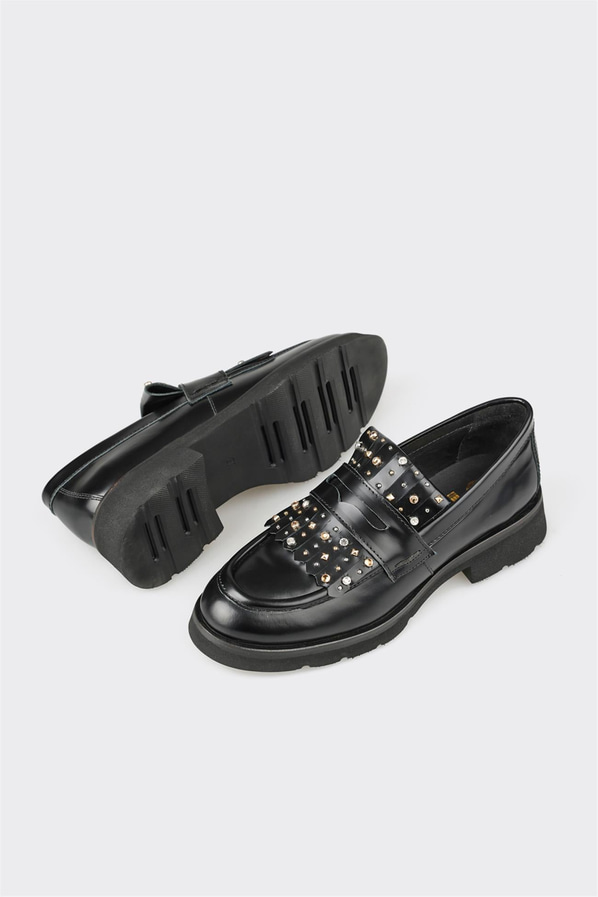 Siyah deri kadın loafer, günlük kullanım için - Elle Shoes