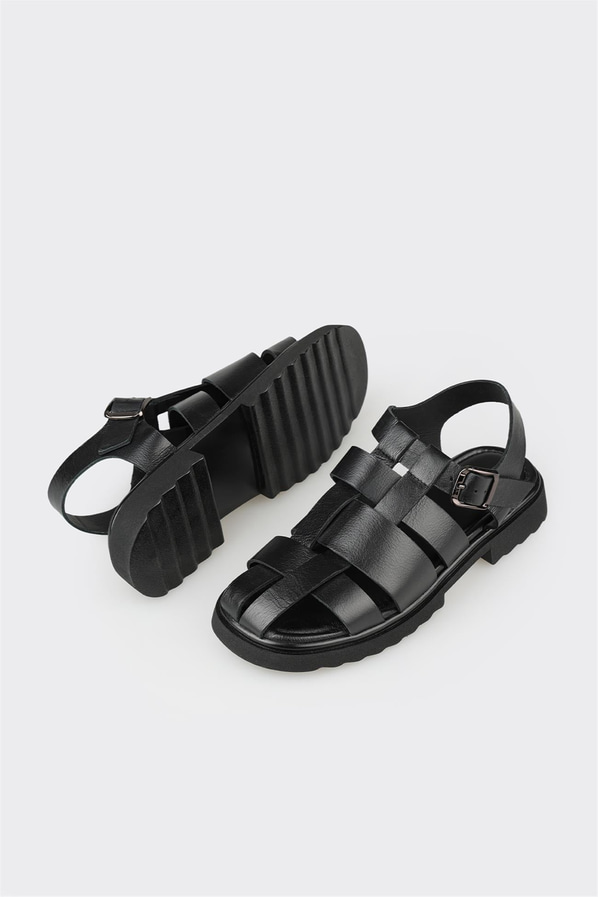 Siyah kot mavisi deri düz yumuşak dokulu kadın sandalet, ofis stili için - Elle Shoes