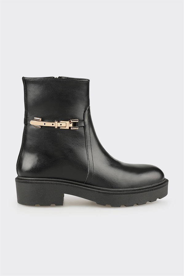 Siyah altın deri metal tokalı kadın bot, rahat kullanım için - Elle Shoes