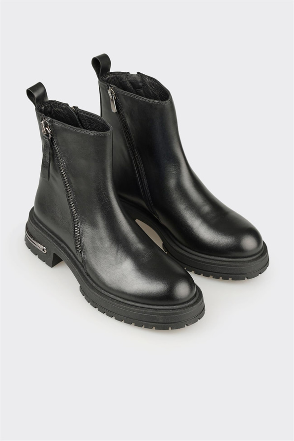 Siyah deri simli örgü dokulu kadın bot, ofis stili için - Elle Shoes