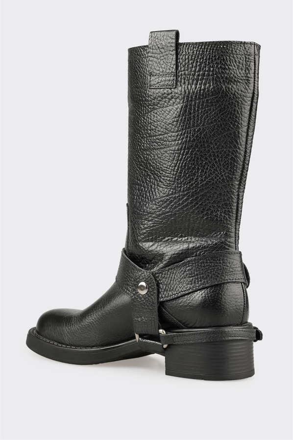 Siyah deri simli düz kadın bot, rahat kullanım için - Elle Shoes