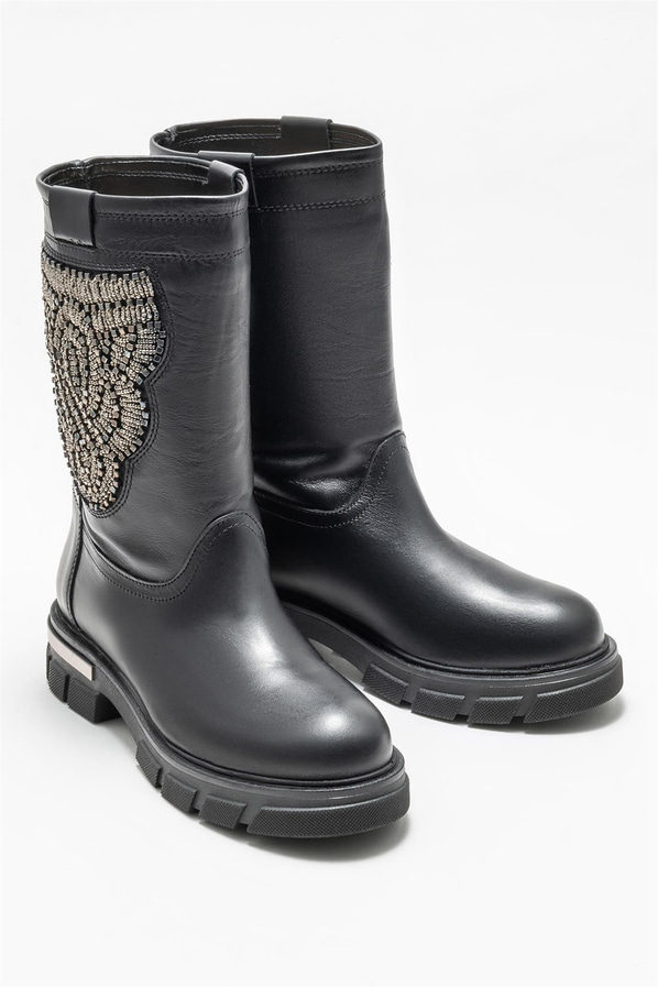 Siyah deri kadın bot, günlük kullanım için - Elle Shoes