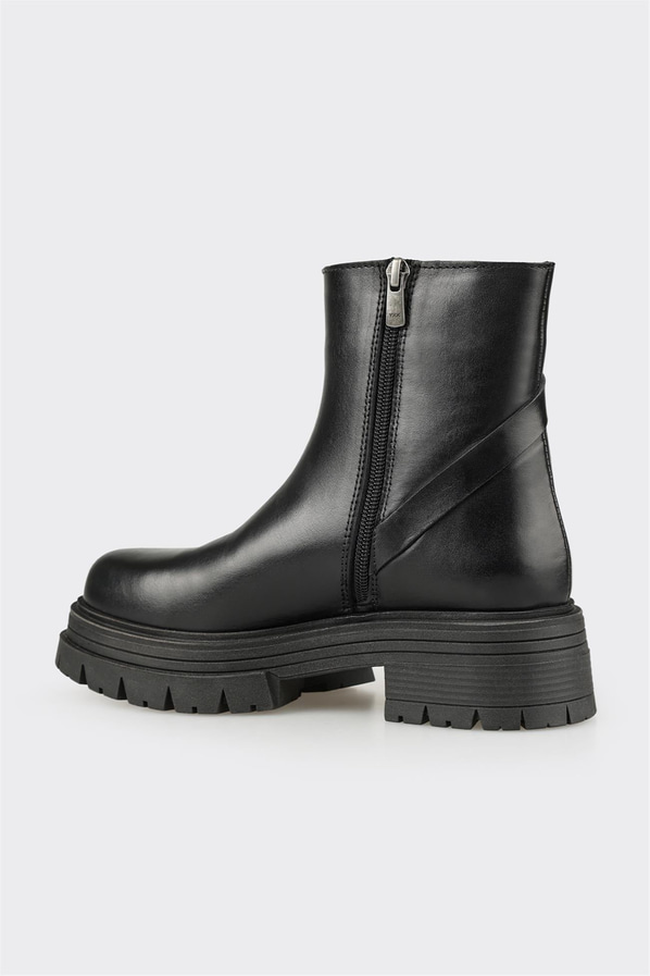 Siyah deri fermuarlı kalın tabanlı kadın bot, rahat kullanım için - Elle Shoes