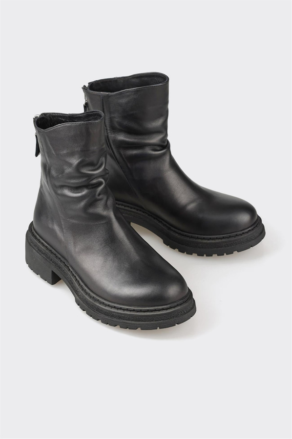 Siyah deri ve süet kalın tabanlı kadın bot, günlük kullanım için - Elle Shoes