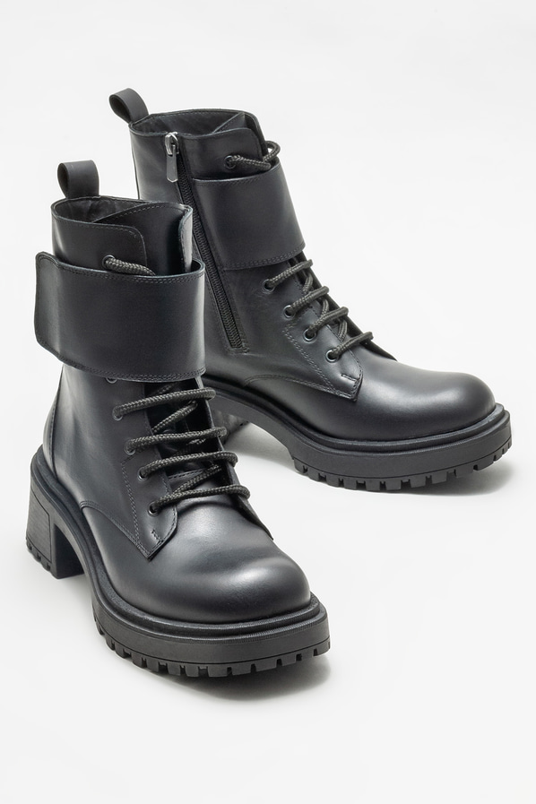 Siyah deri kadın bot, günlük kullanım için - Elle Shoes