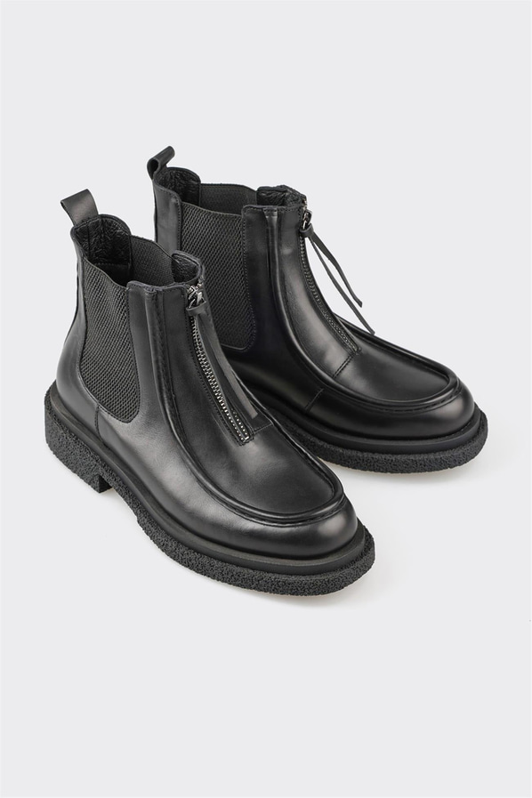 Siyah deri fermuarlı kadın bot, günlük kullanım için - Elle Shoes