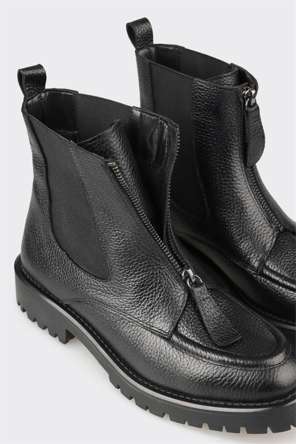 Siyah deri fermuarlı kadın bot, günlük kullanım için - Elle Shoes