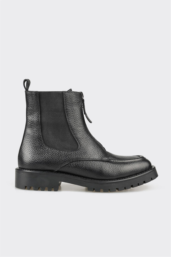 Siyah deri fermuarlı kadın bot, günlük kullanım için - Elle Shoes