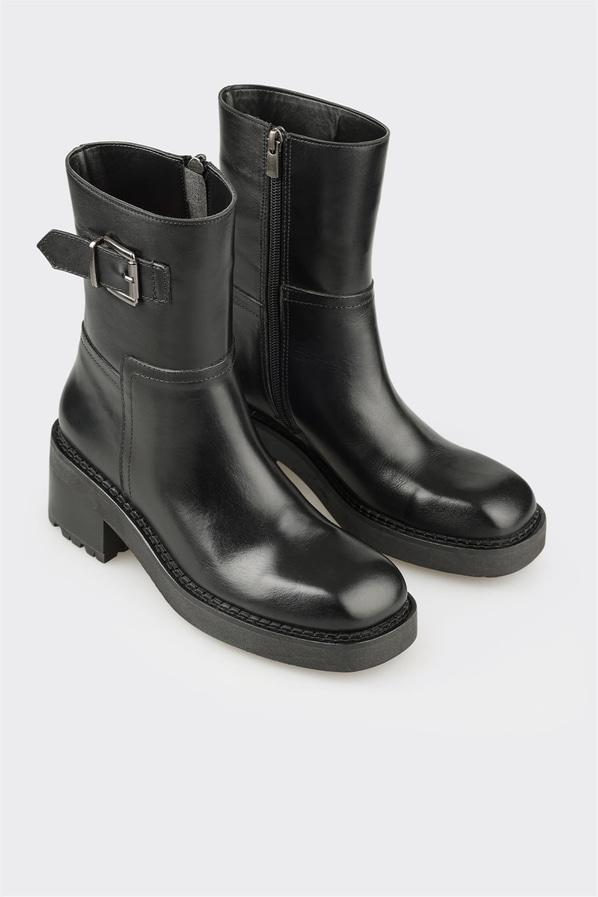 Siyah deri örgü dokulu topuklu kadın bot, günlük kullanım için - Elle Shoes