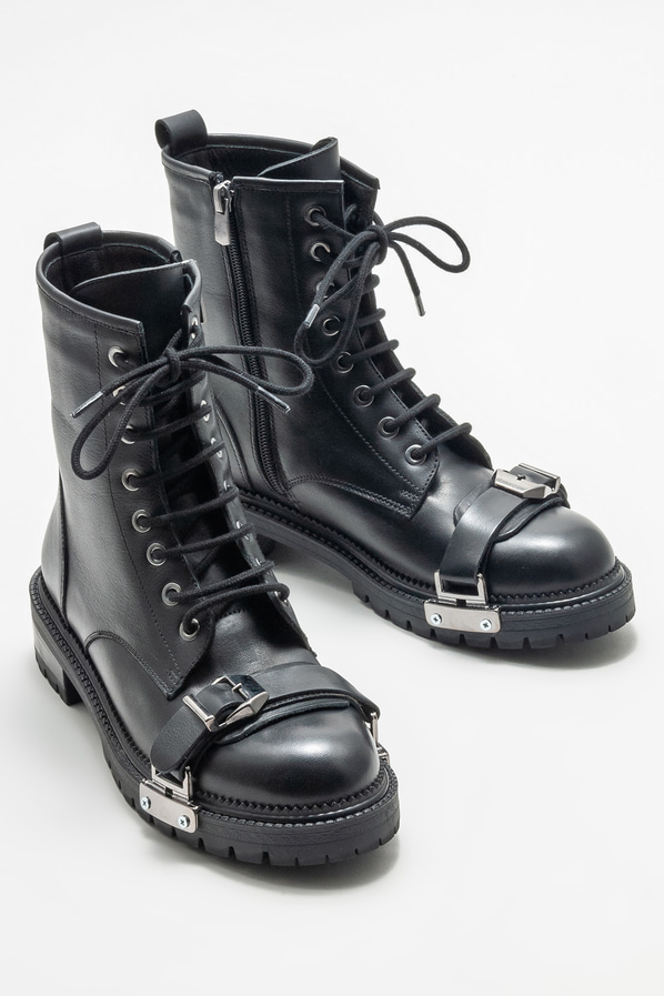 Siyah deri düz kadın bot, günlük kullanım için - Elle Shoes