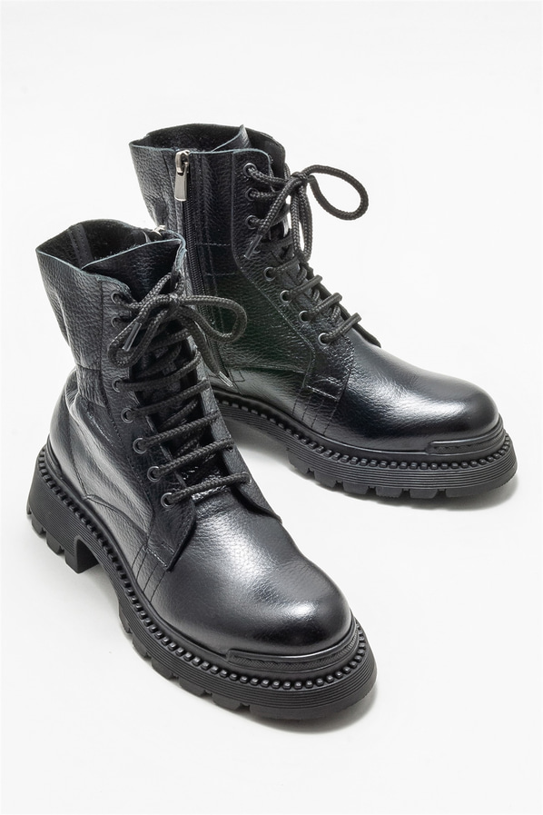 Siyah deri düz kadın bot, günlük kullanım için - Elle Shoes