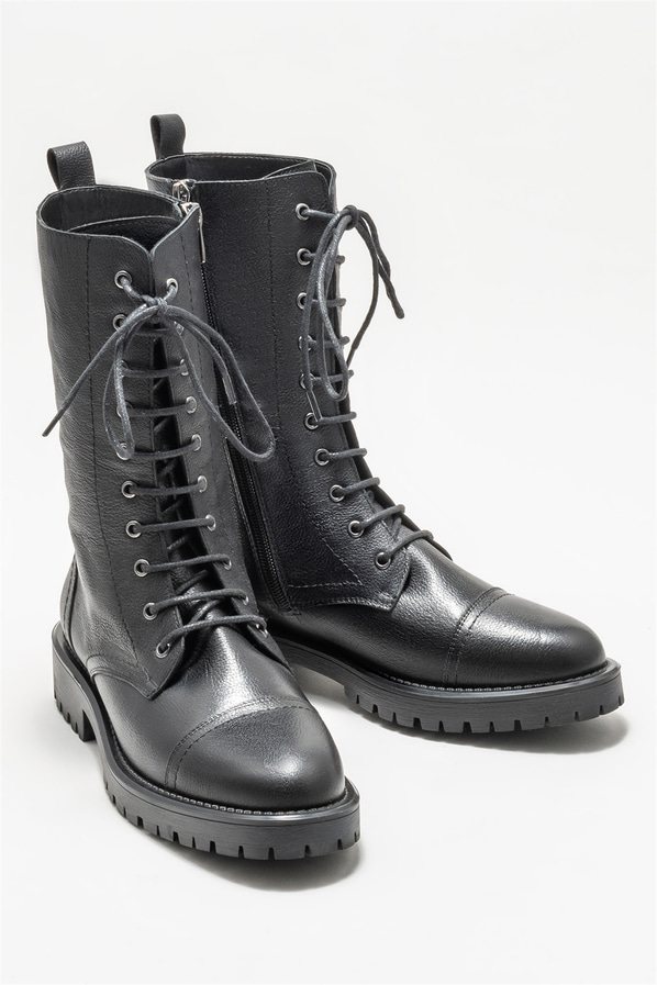 Siyah deri düz kadın bot, günlük kullanım için - Elle Shoes