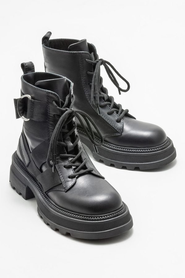 Siyah deri düz kadın bot, günlük kullanım için - Elle Shoes