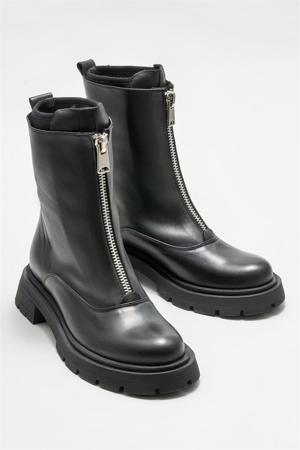 Siyah deri düz kadın bot, günlük kullanım için - Elle Shoes