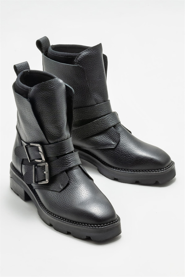Siyah deri düz kadın bot, günlük kullanım için - Elle Shoes