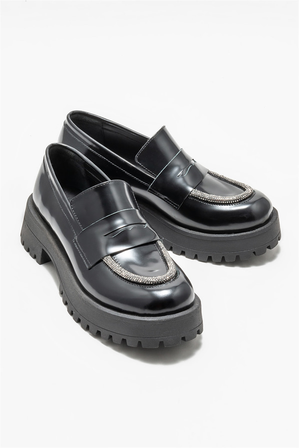 Siyah deri kadın loafer, günlük kullanım için - Elle Shoes