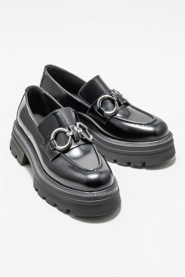 Siyah deri kadın loafer, günlük kullanım için - Elle Shoes