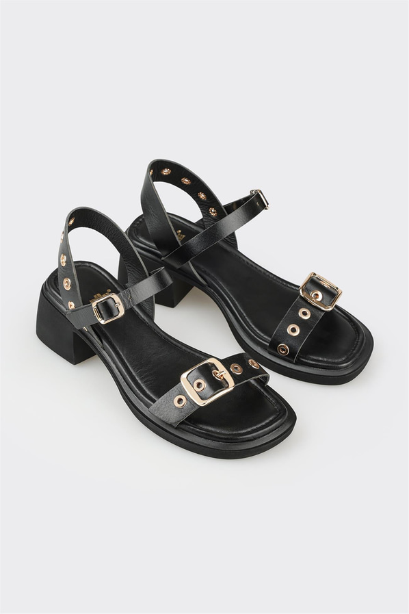 Siyah deri kadın topuklu sandalet, günlük kullanım için - Elle Shoes
