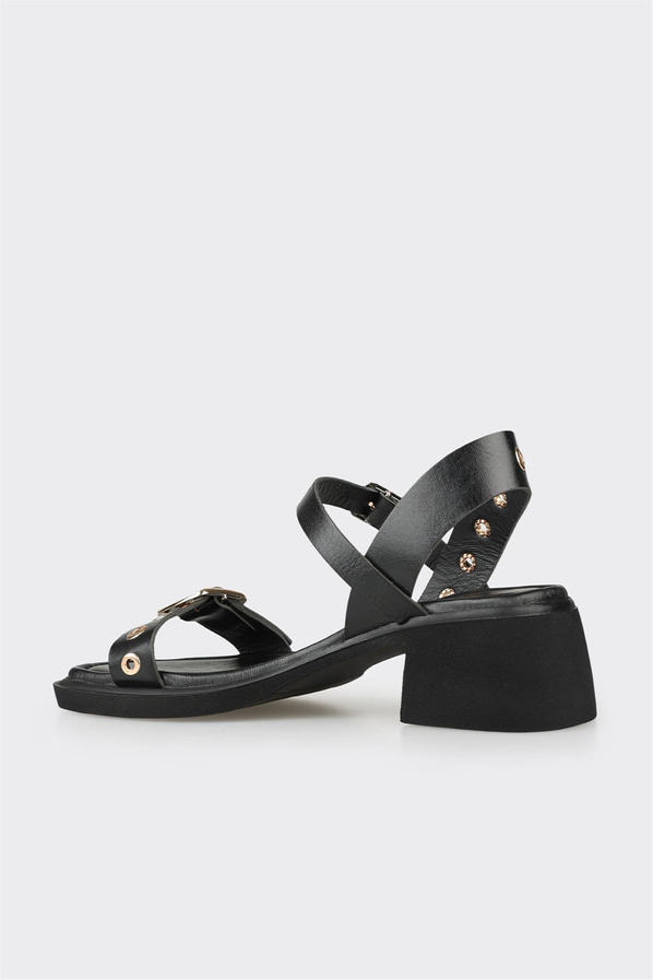 Siyah deri kadın topuklu sandalet, günlük kullanım için - Elle Shoes