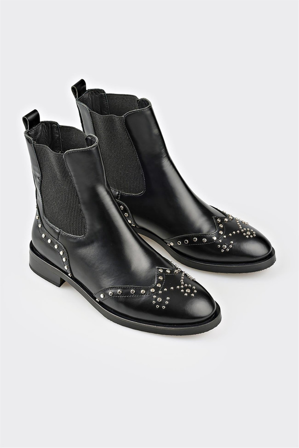 Siyah deri topuklu kadın bot, klasik stil için - Elle Shoes