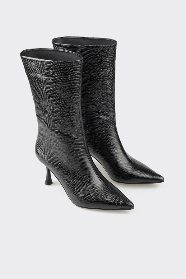 Siyah deri ince topuklu kadın bot, rahat kullanım için - Elle Shoes